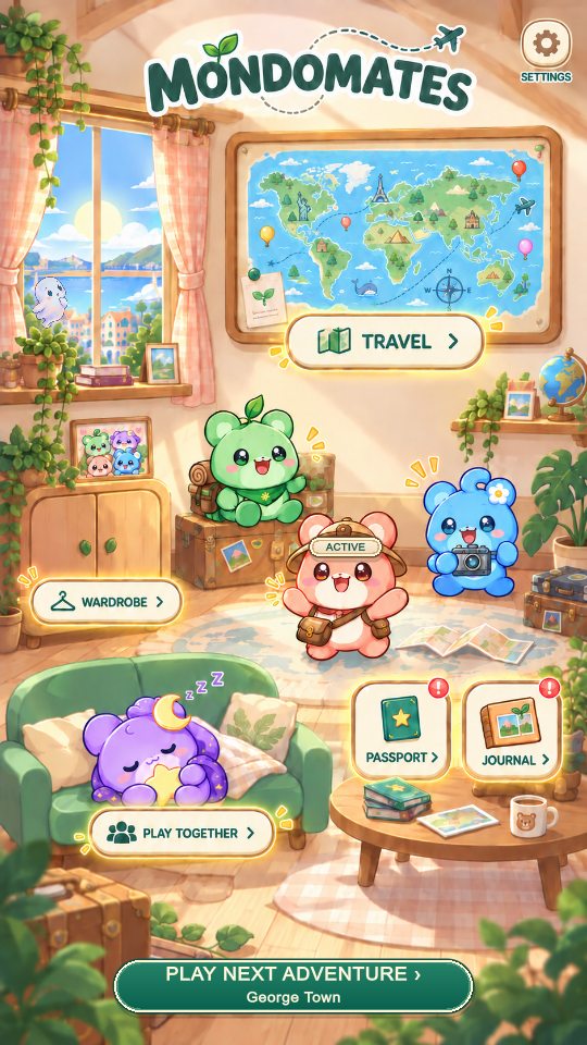 The cosy home screen with the world map and friends